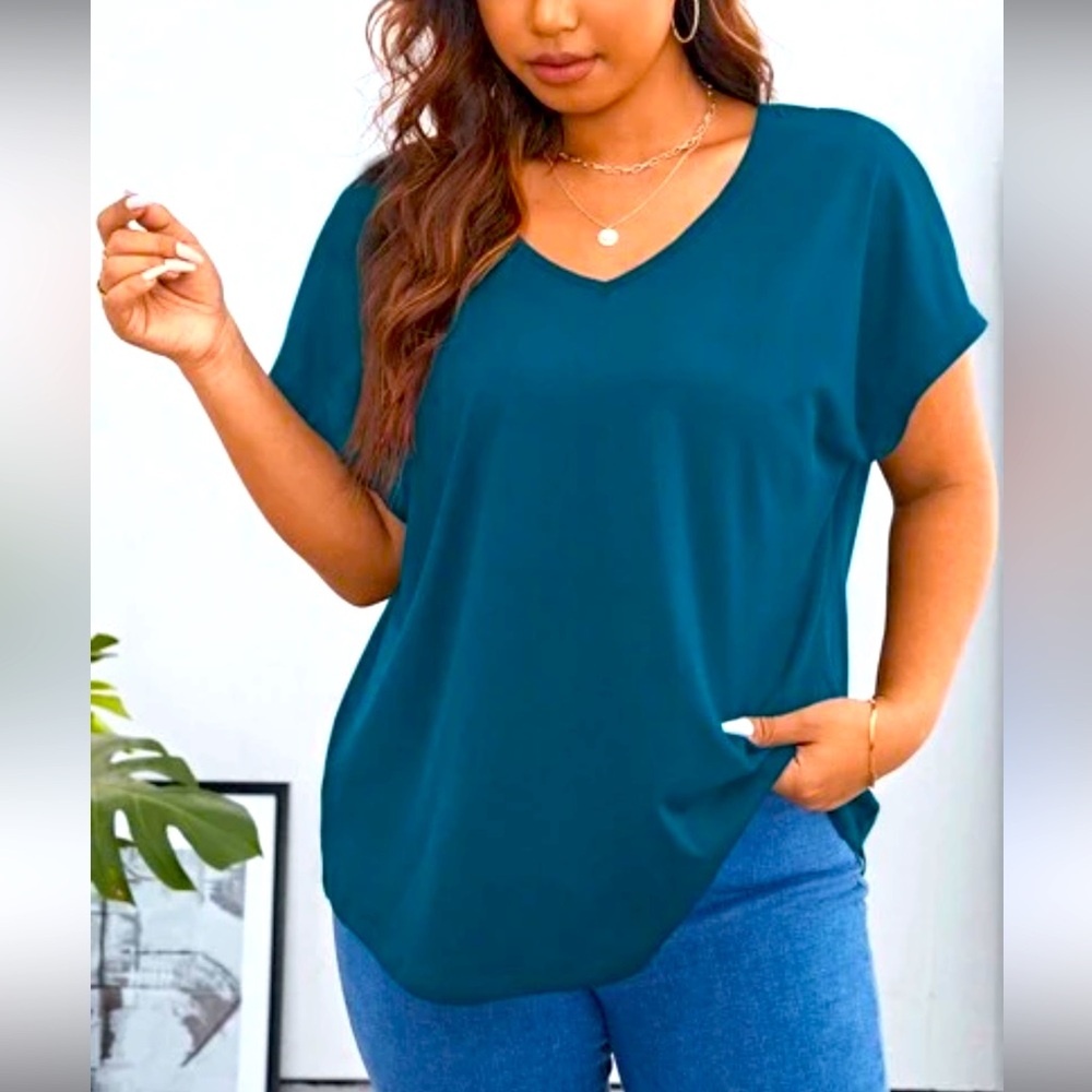 Pink Rose Teal V-Neck Blouse | Size Small